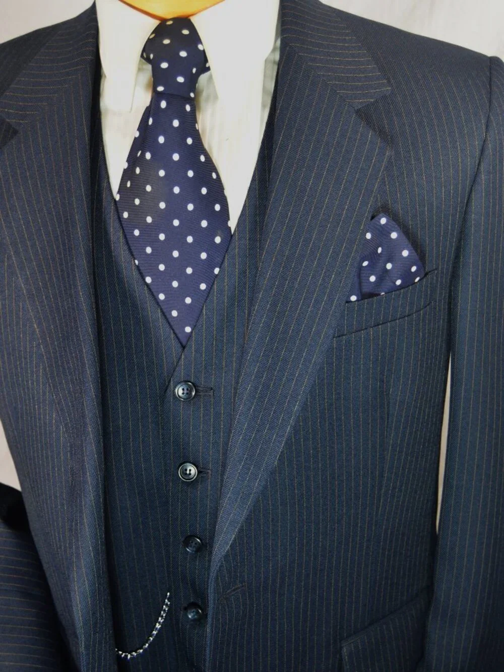 Vtg 70's 80's Sears Comfort Suit 3 piece Blue Gold Pinstripe 42 R 33 x 30 Slim